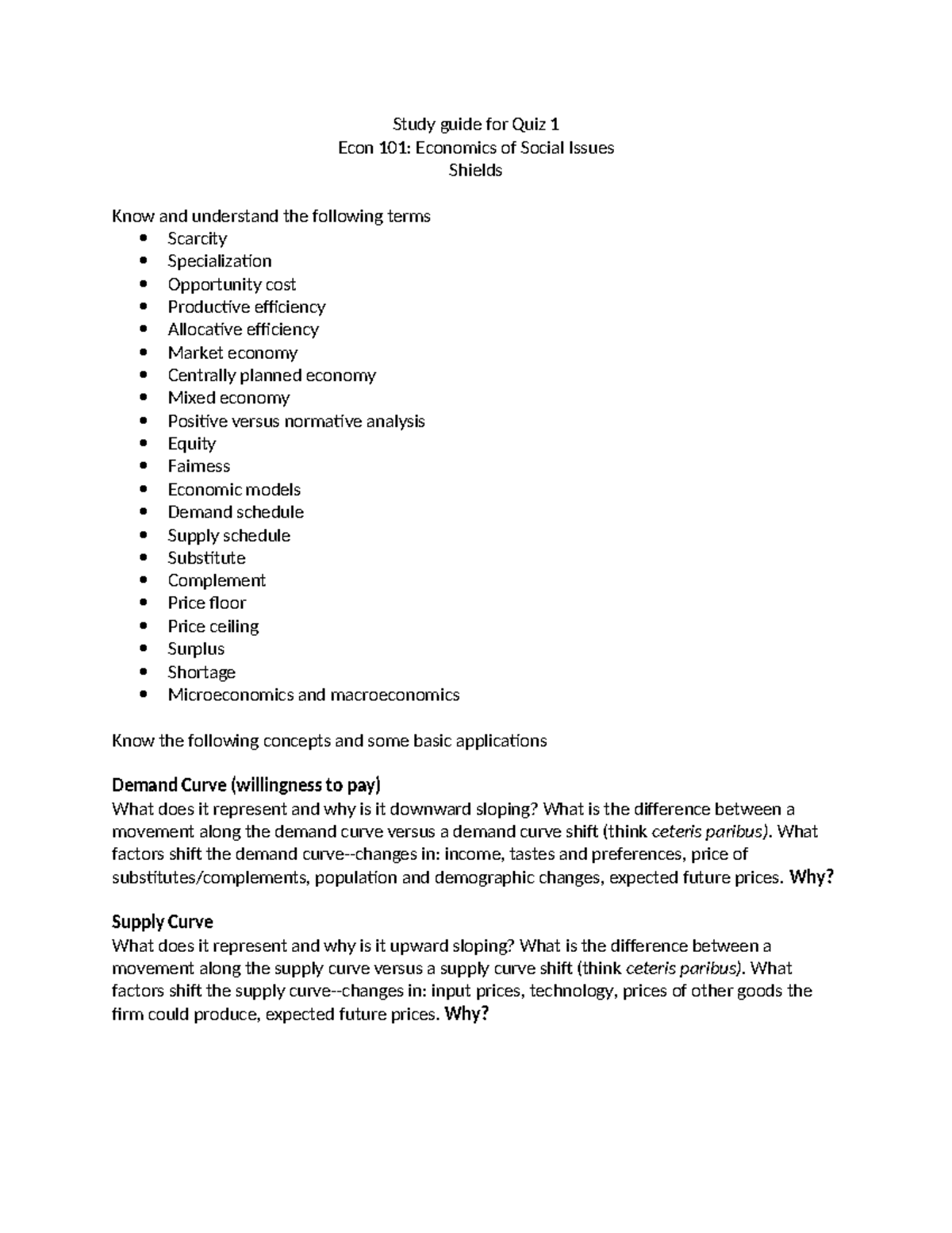 Econ 101 Quiz 1 Study Guide: Key Economic Concepts & Terms - Studocu