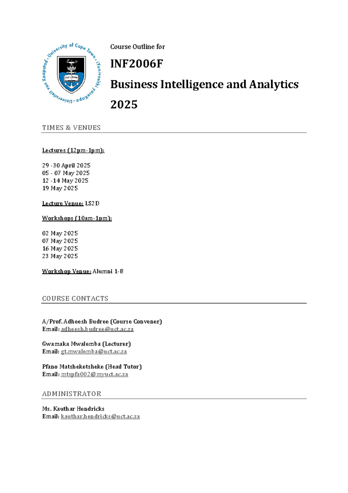 INF2006F 2025 Course Outline: Business Intelligence & Analytics - Studocu