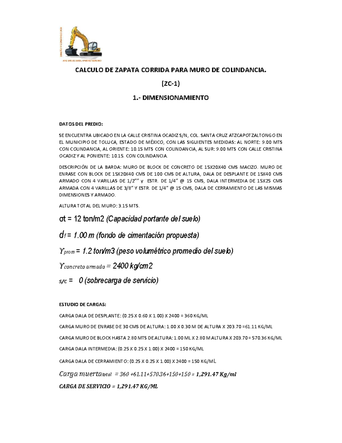 Cálculo de Zapata Corrida para Muro de Colindancia (ZC-1) - Document Preview
