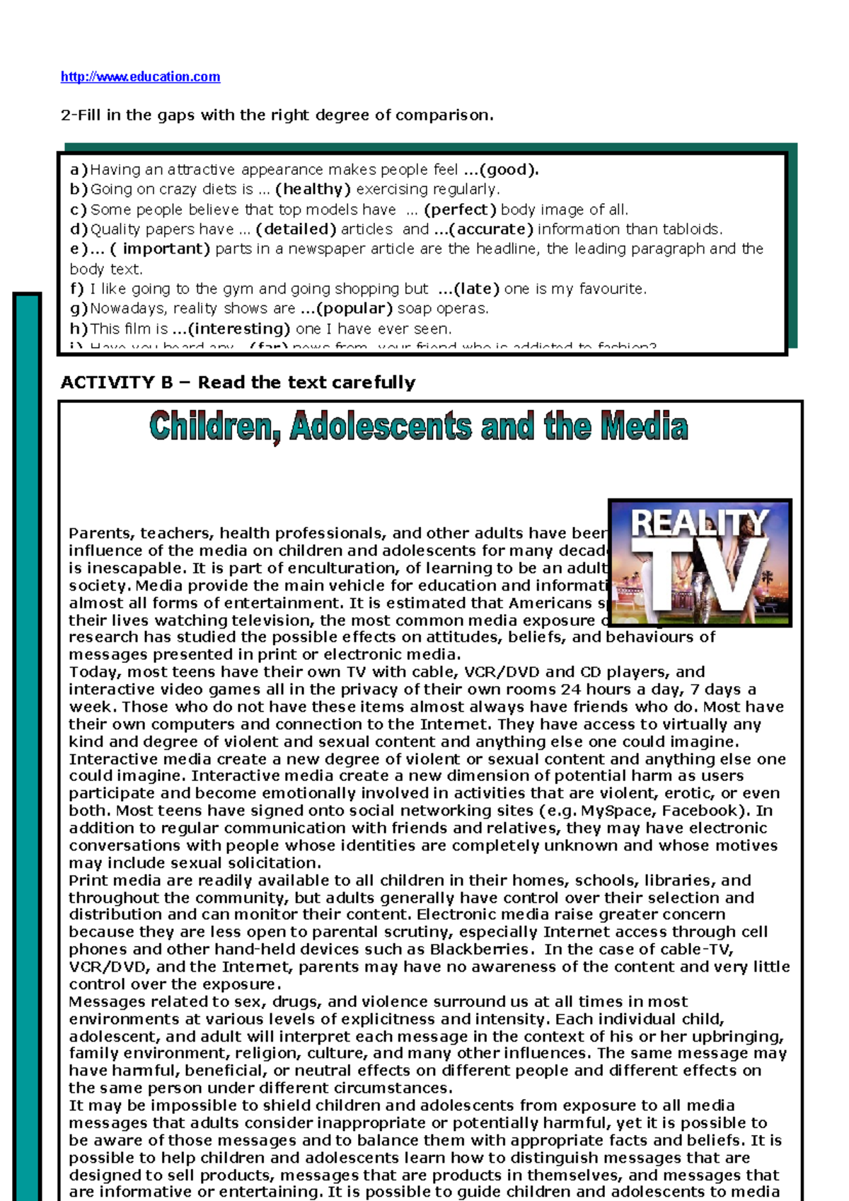 Reading Comprehension Exercises on Media Influence in Children ...