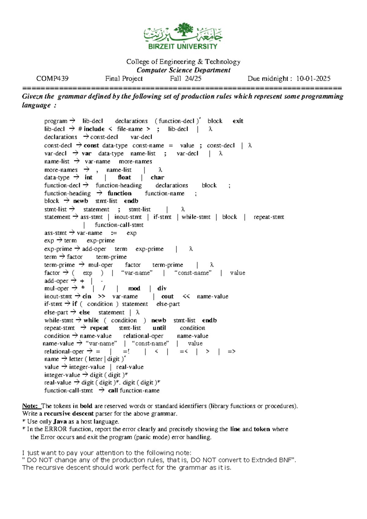 COMP439 Final Project Fall 2024 - Recursive Descent Parser Guide - Studocu