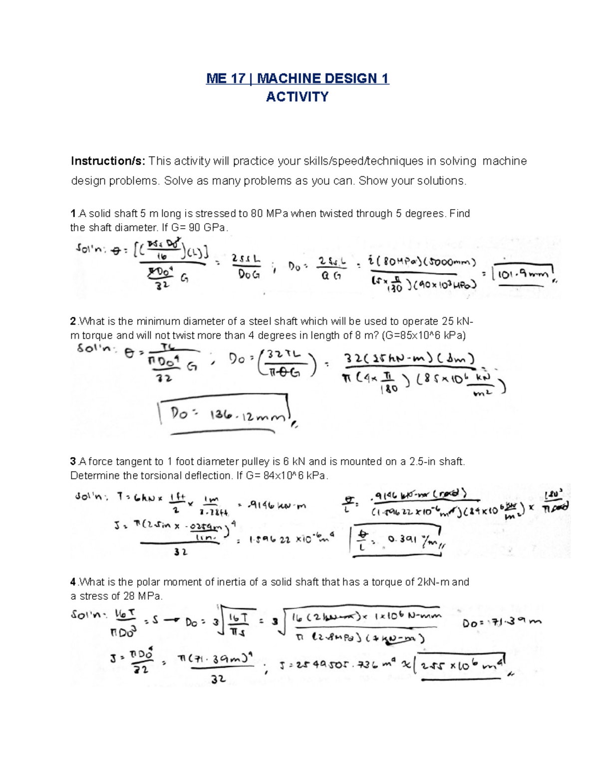 ME 17 - Machine Design 1 Activity Assign 50: Problem Solving Practice ...