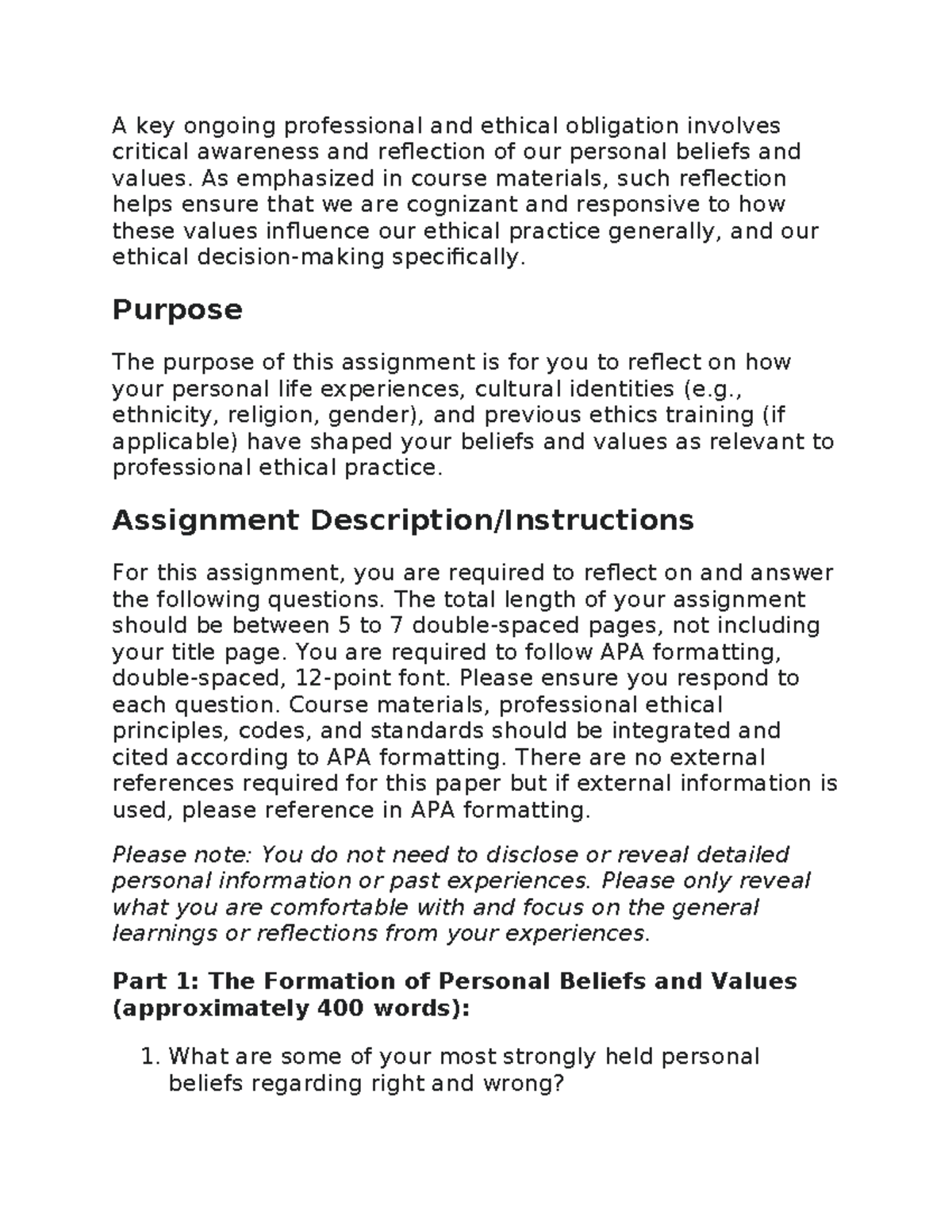 Reflection on Personal Beliefs and Values in Ethical Practice ...