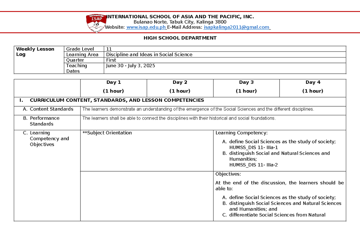 Weekly Lesson Log: HUMSS_DIS - Social Science Overview and Activities ...