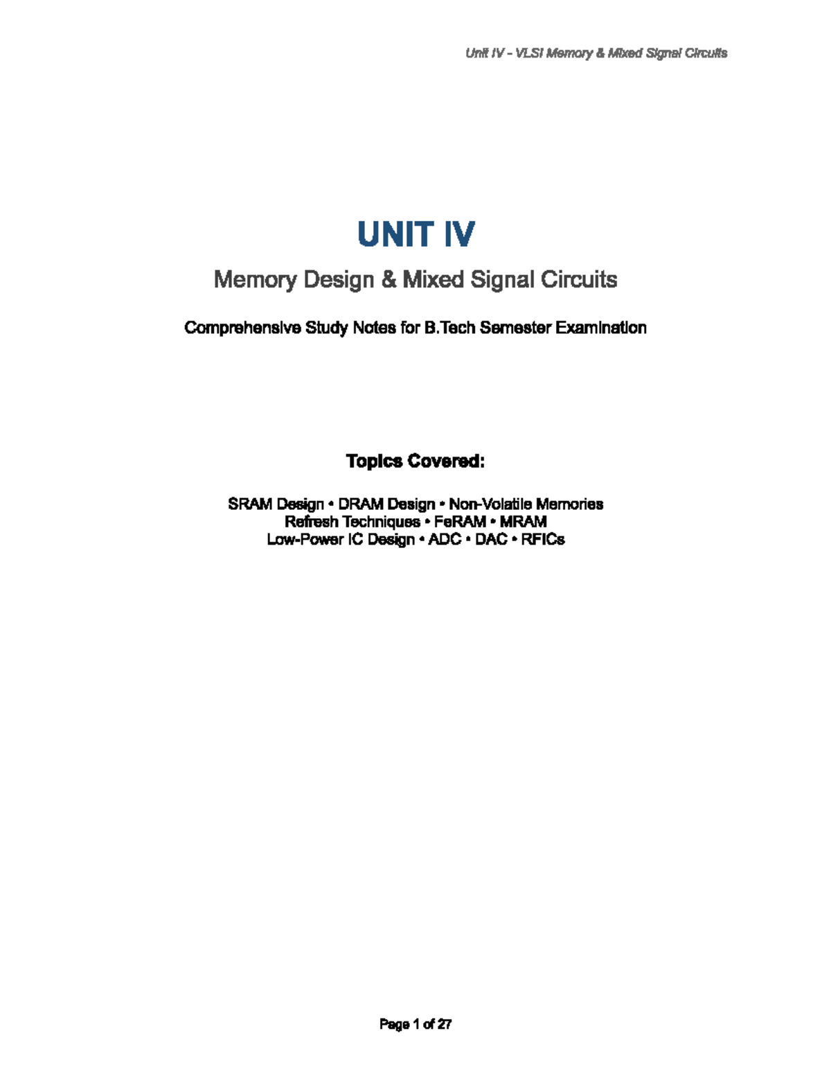 ME Unit IV - Comprehensive Study Notes on VLSI Memory & Mixed Signal ...