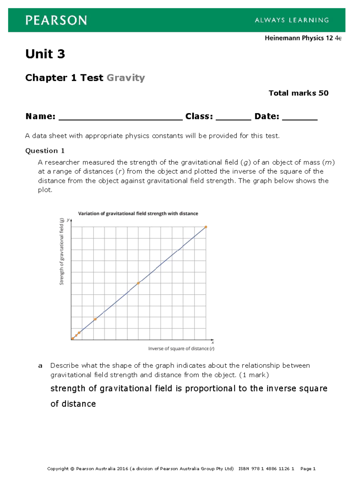 Unit 3 Physics Test: Gravity Concepts & Calculations (Total 50 Marks ...