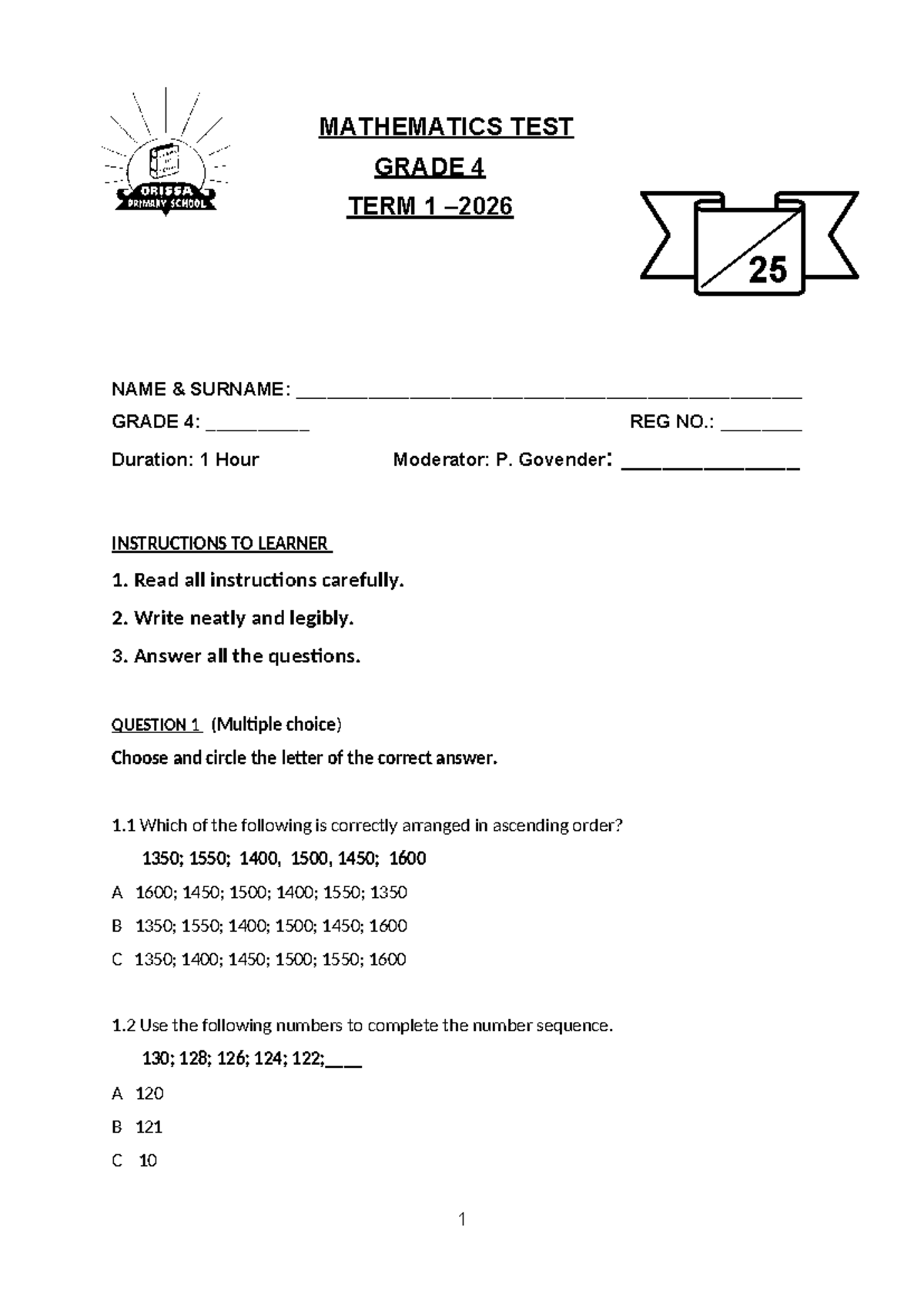 Maths 2026 Test Grade 4 Term 1 - 25 Marks Assessment - Studocu