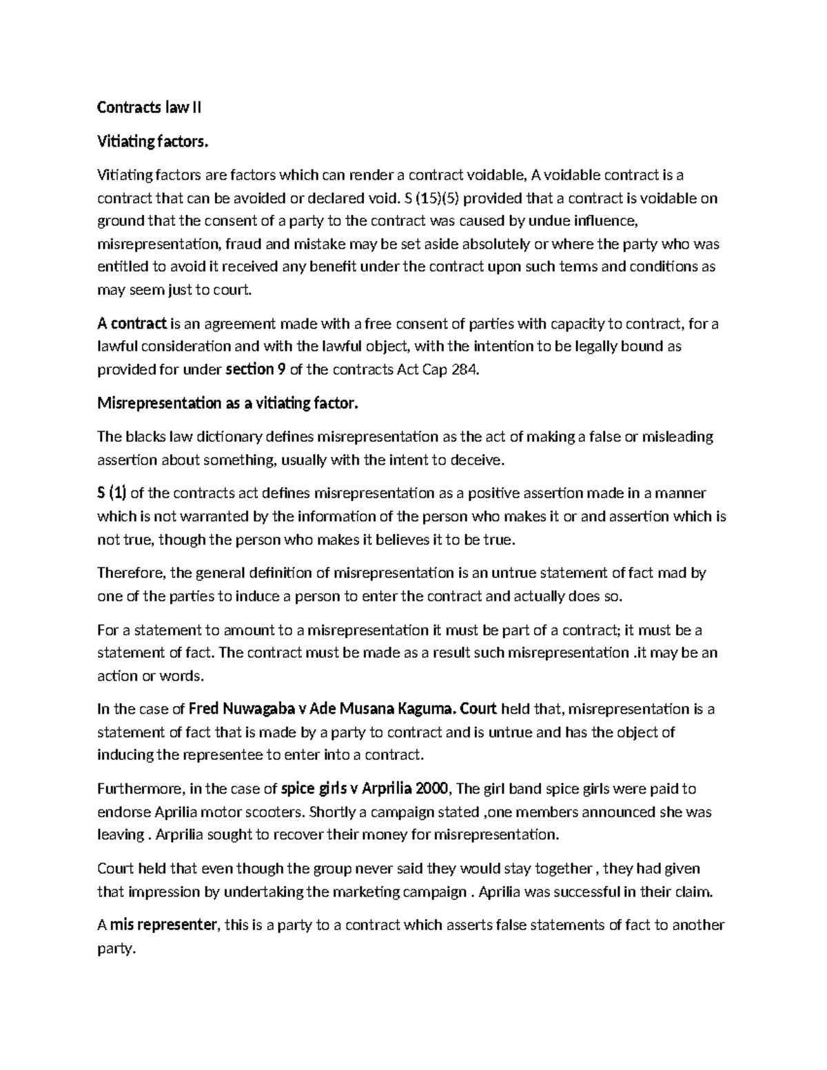 Contracts Law II: Vitiating Factors and Mistakes in Agreements - Studocu