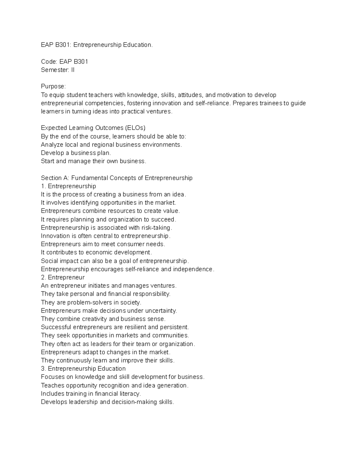 EAP B301: Comprehensive Guide to Entrepreneurship Education - Studocu