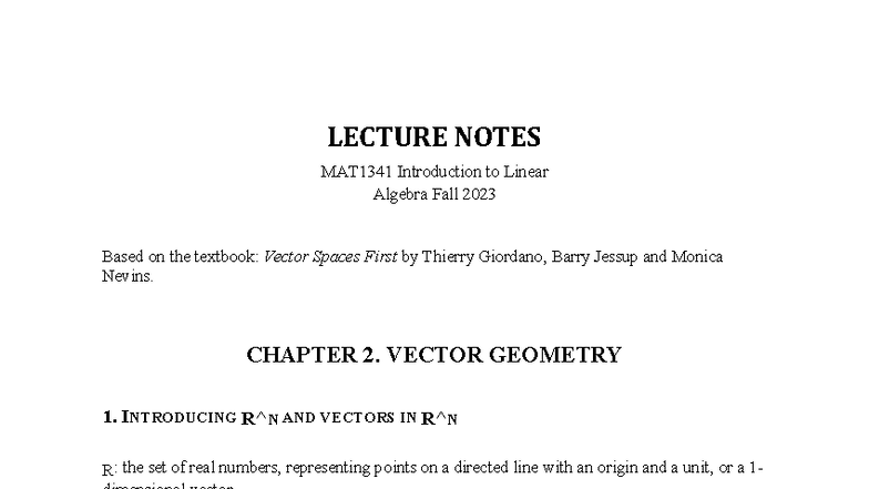 Lecture Notes-1 - LECTURE NOTES MAT1341 Introduction to Linear Algebra ...