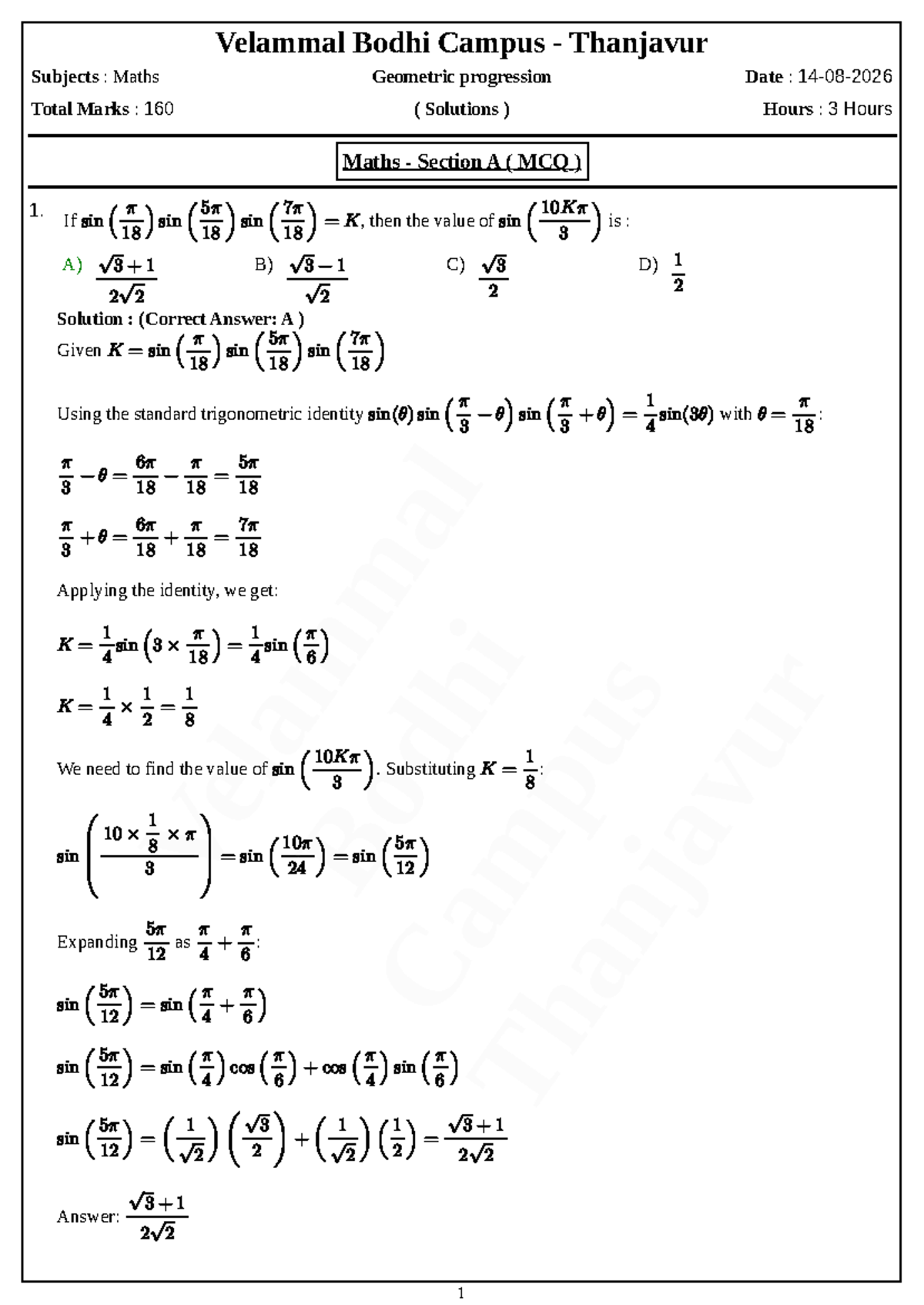 Trigonometry Worksheet: Maths Solutions for Velammal Bodhi Campus - Studocu