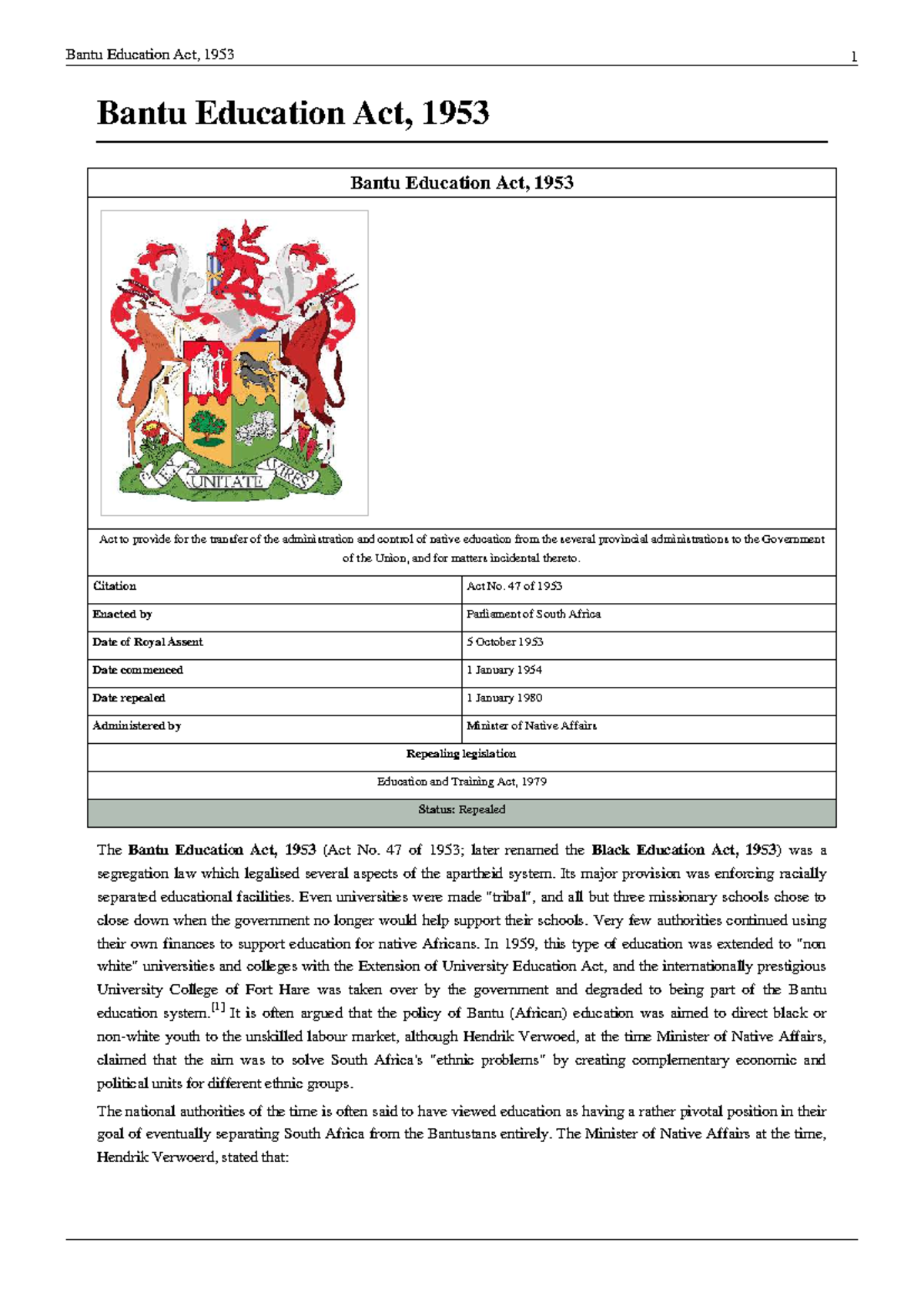 Bantu Education Act, 1953 - Exam Notes for June Exam - Studocu
