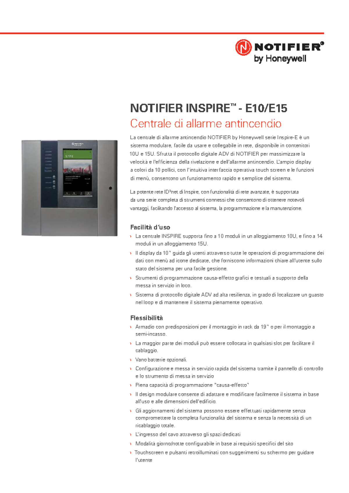 Datasheet Notifier Inspire: Centrale di Allarme Antincendio 10U/15U ...
