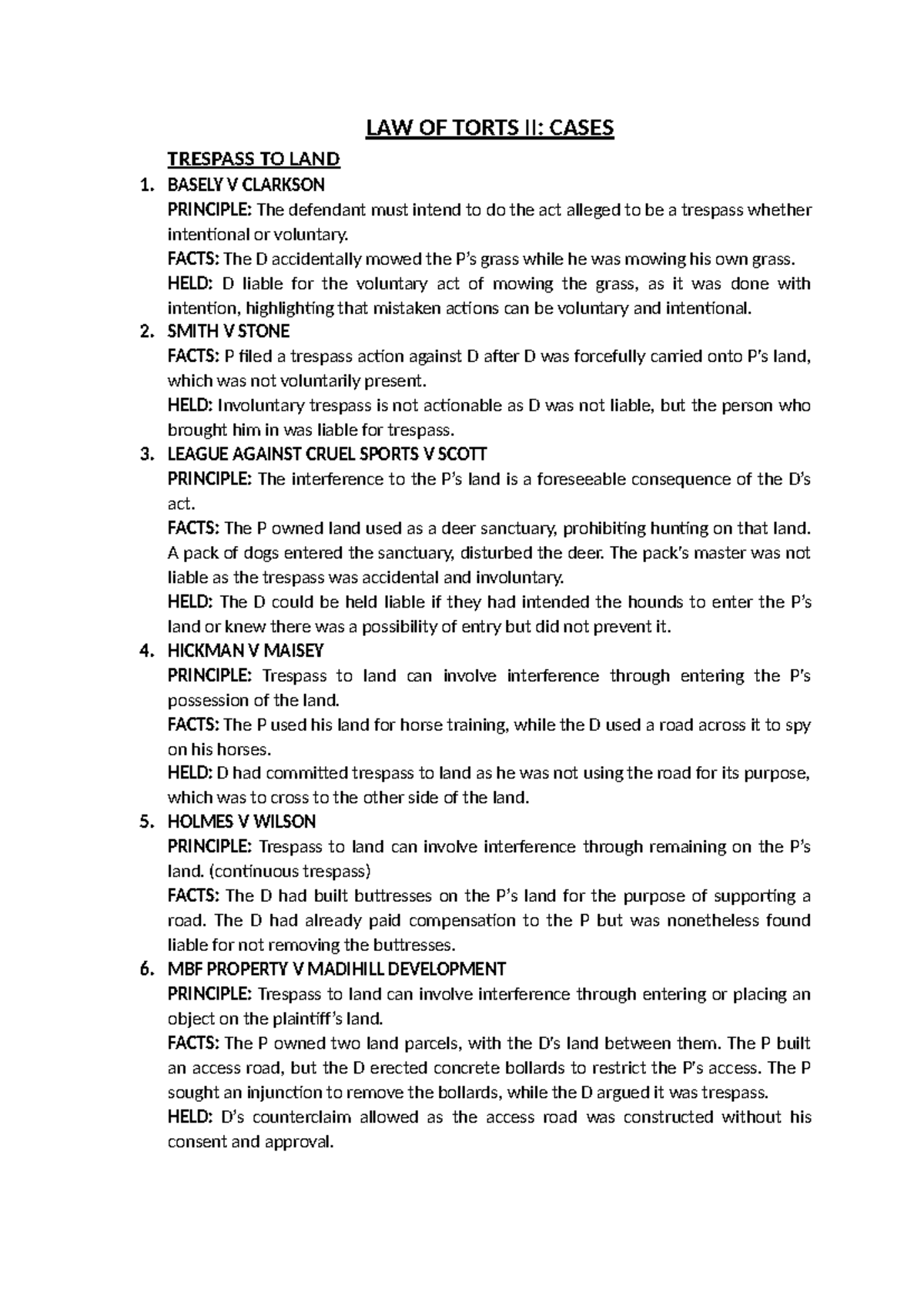 LAW OF TORTS II: CASE SUMMARIES ON TRESPASS TO LAND - Studocu