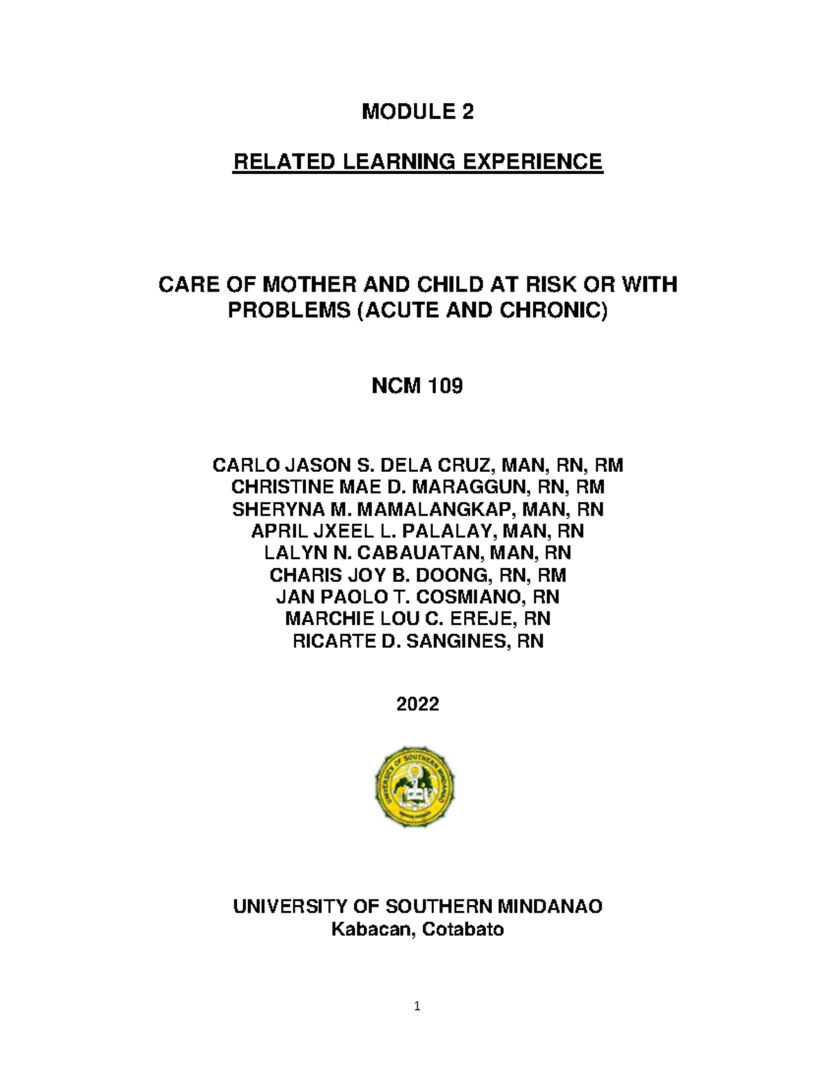 Care of Mother and Child at Risk: NCM 109 Module 2 Learning Experience ...