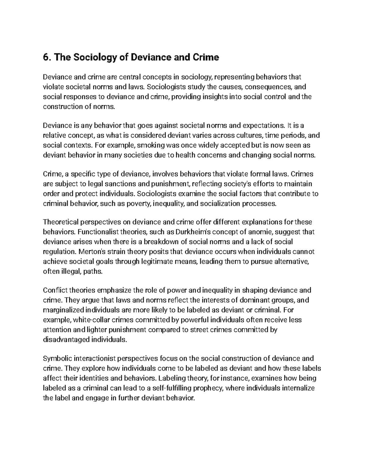 Sociology 6 - notes - 6. The Sociology of Deviance and Crime Deviance ...