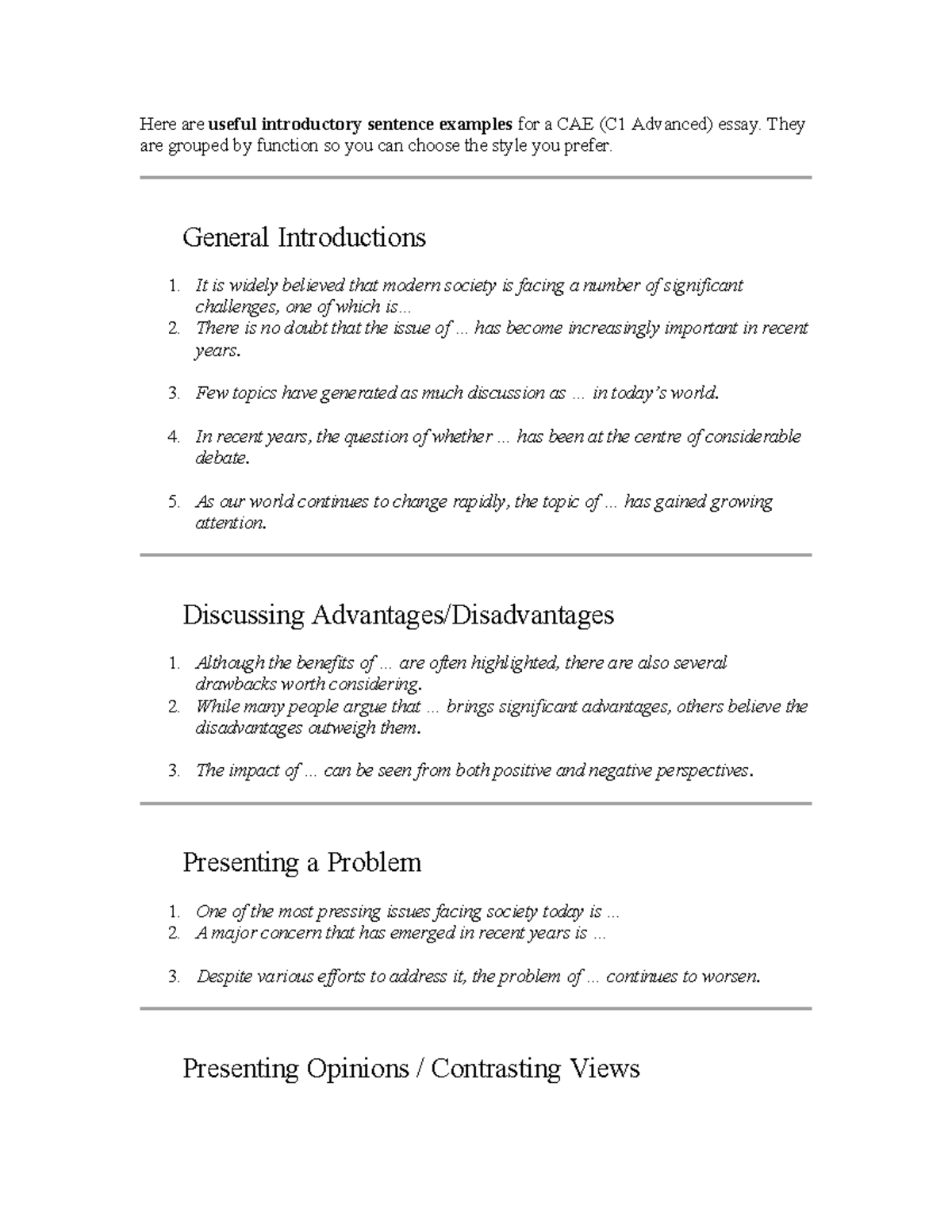 CAE - Introductory Sentence Examples for Essays - Studocu