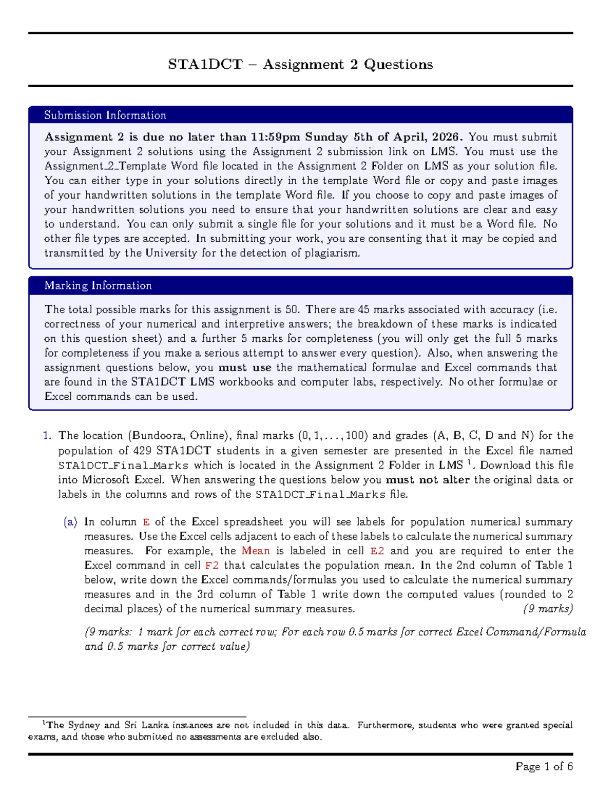 STA1DCT Assignment 2 Submission Guidelines and Requirements - Studocu