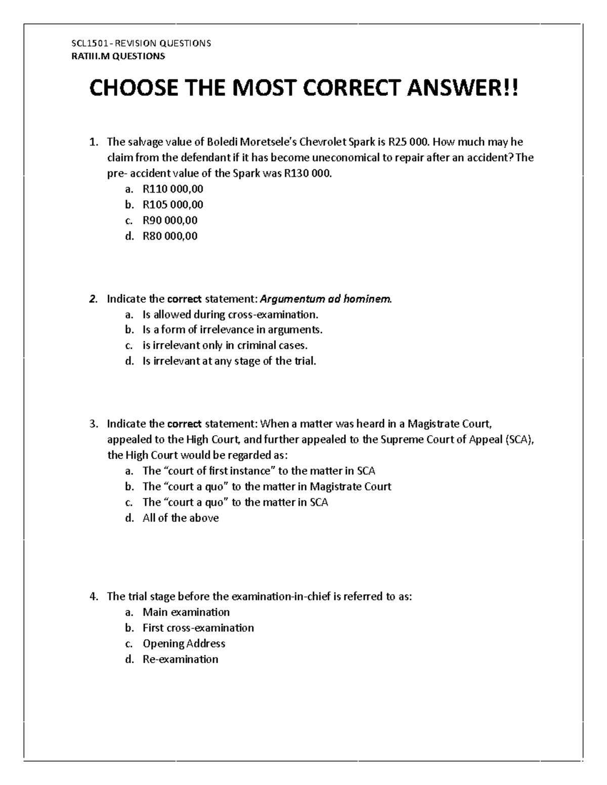 SCL1501 RM Revision Questions: Choose the Most Correct Answer - Studocu