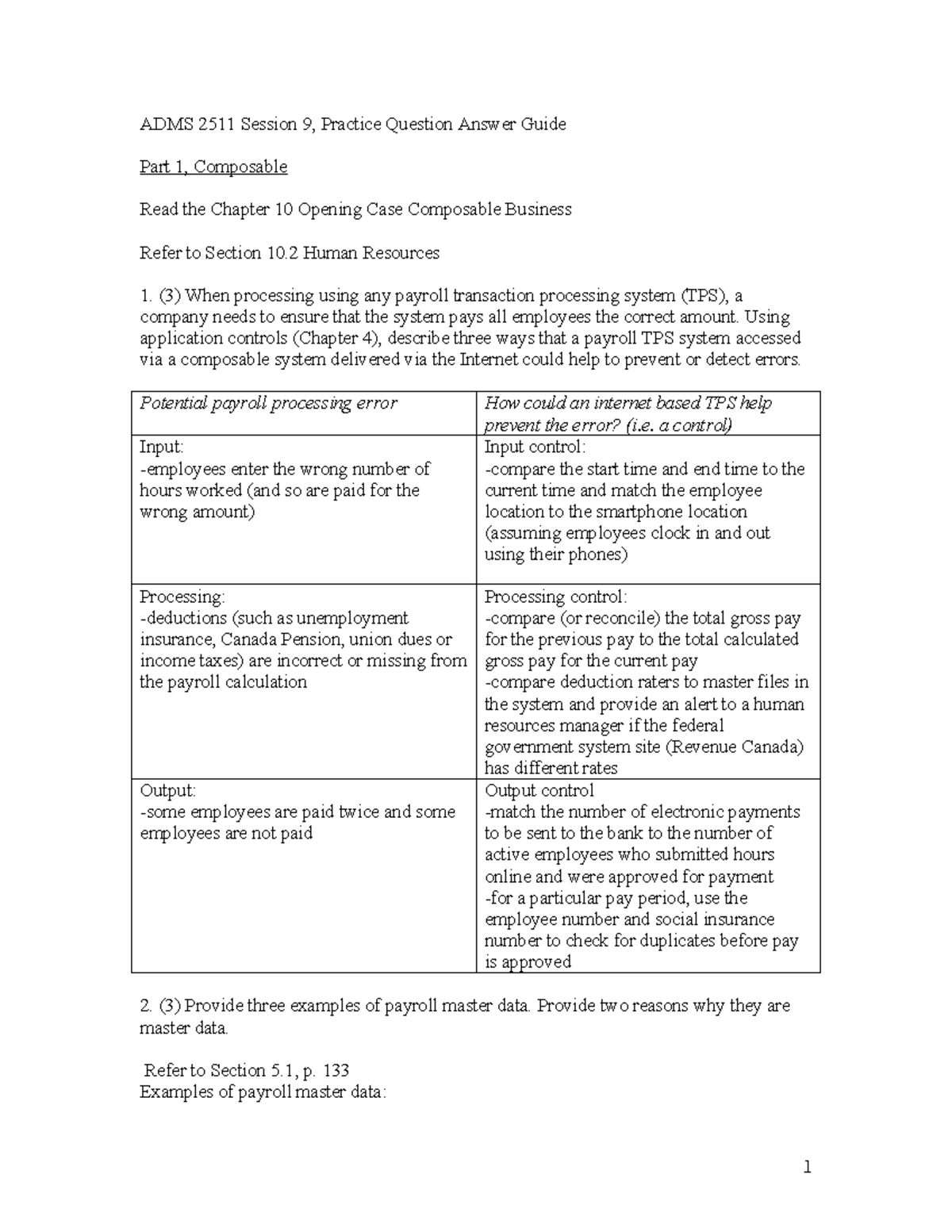 ADMS 2511 Session 9 Practice Case Question Answers on Payroll TPS - Studocu