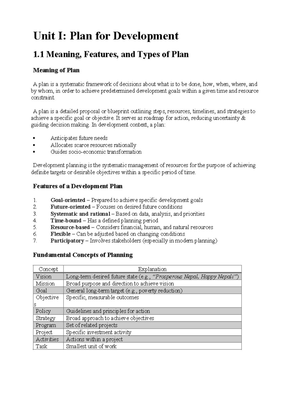 Unit I: Development Planning Concepts and Approaches - Studocu