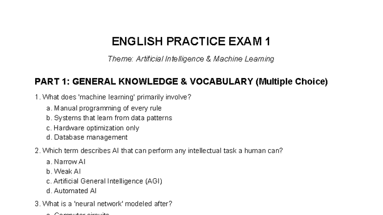 ENGLISH PRACTICE EXAM 1: AI & Machine Learning Insights - Studocu