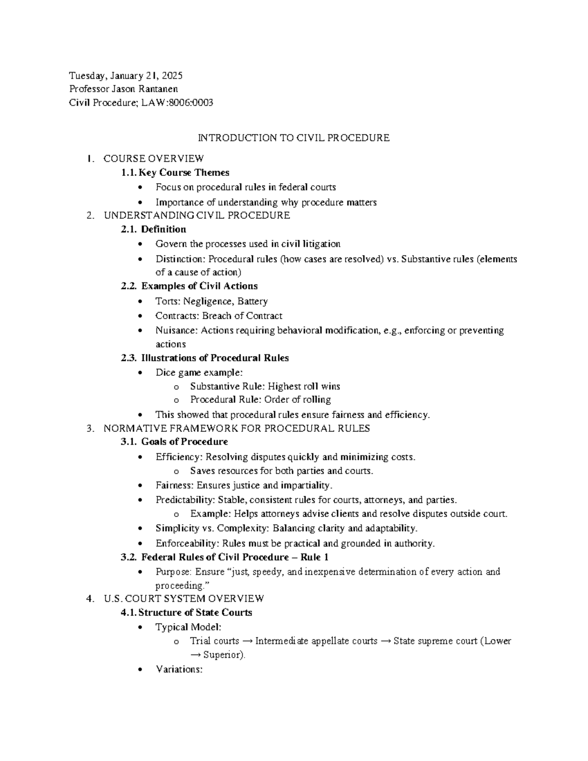 01.21 - Civ Pro Introduction - Tuesday, January 21, 2025 Professor ...