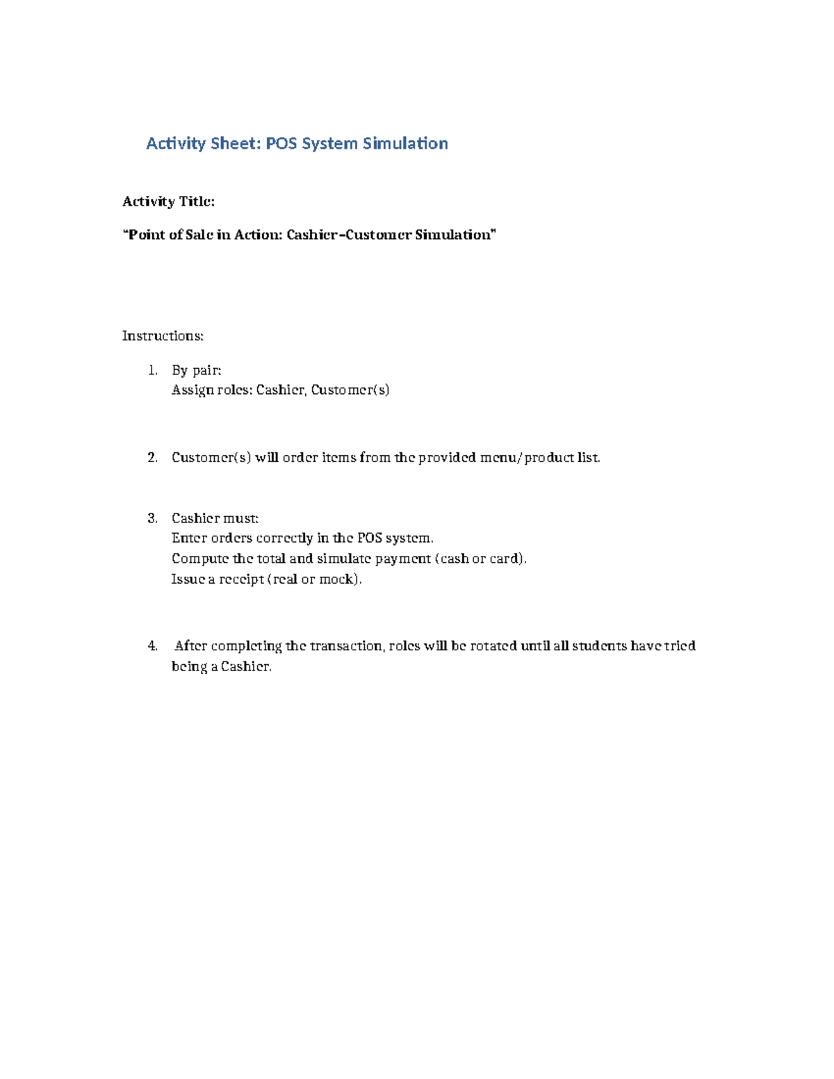 POS System Simulation Activity Instructions and Rubric - Studocu