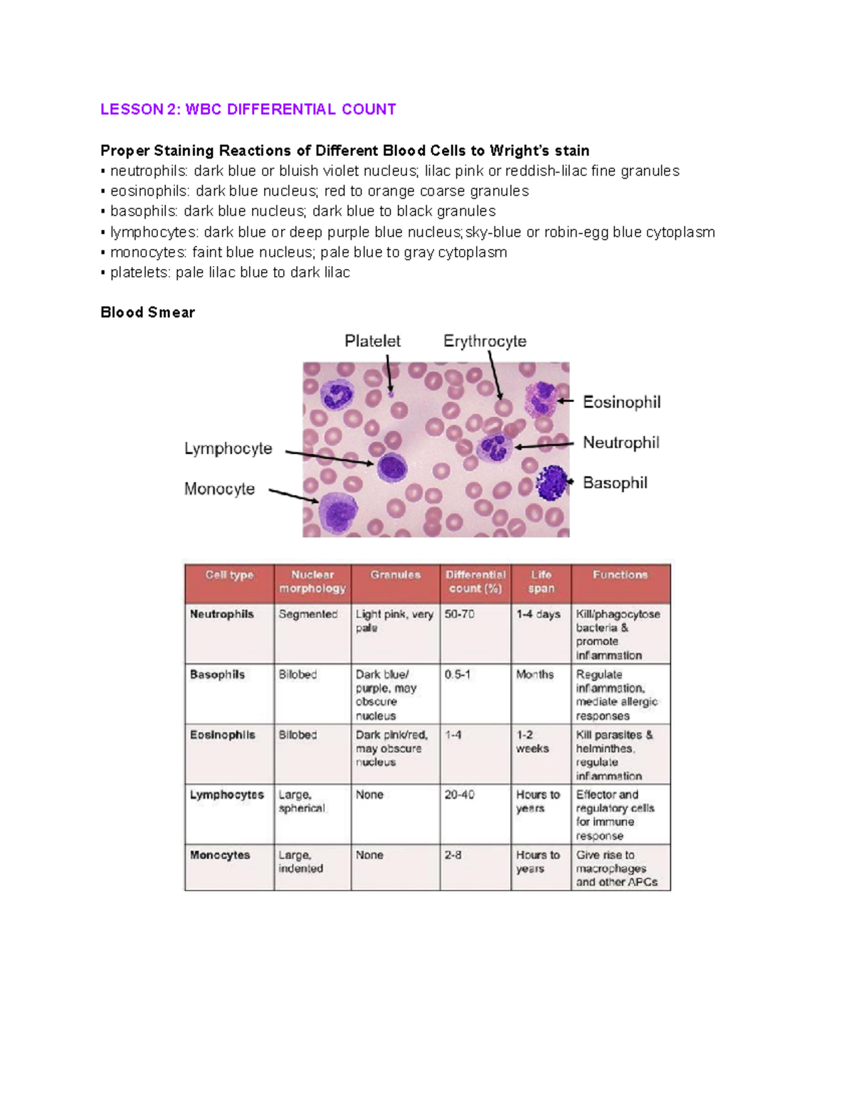113 LAB - Endterm - Notes - LESSON 2: WBC DIFFERENTIAL COUNT Proper ...