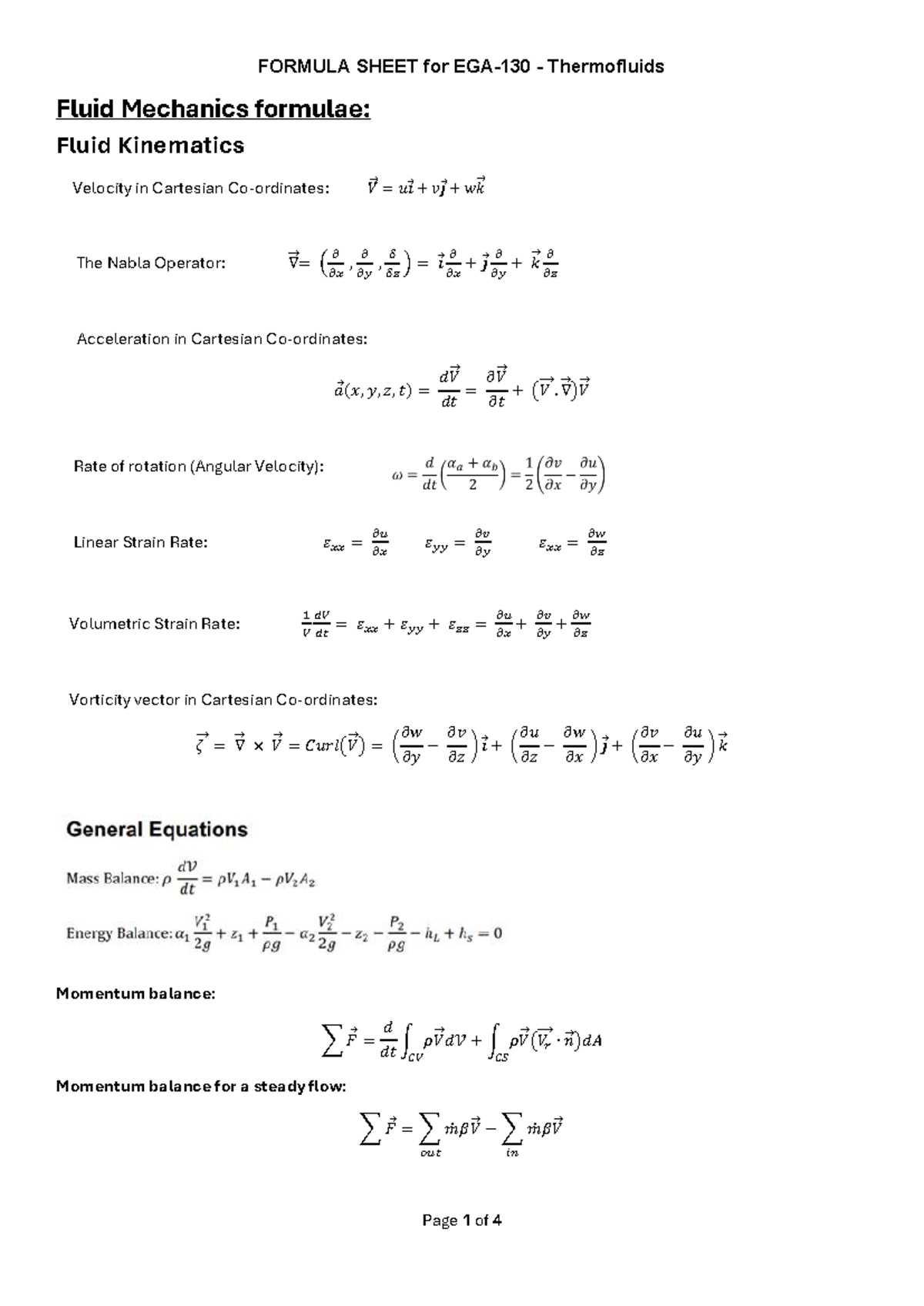 Formula Sheet for EGA130: Thermofluids & Fluid Mechanics - Studocu