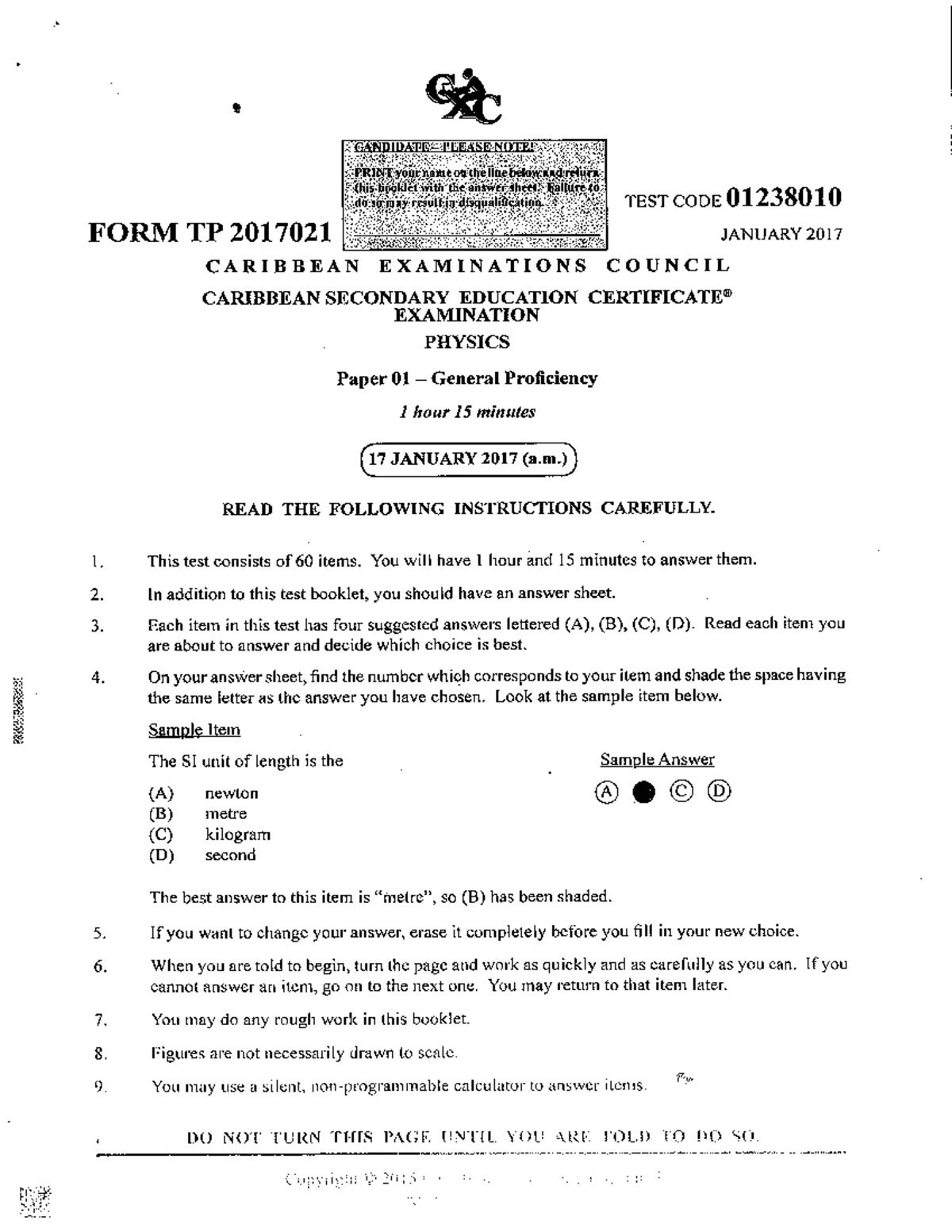 CSEC Physics Paper 01 General Proficiency Exam Instructions 2023 - Studocu