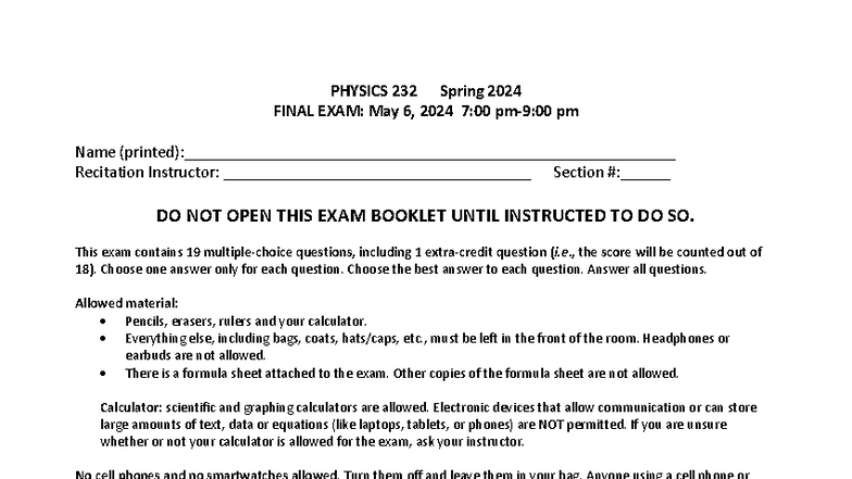 PHYS 232 Spring 2024 FINAL EXAM Guidelines and Questions - Studocu