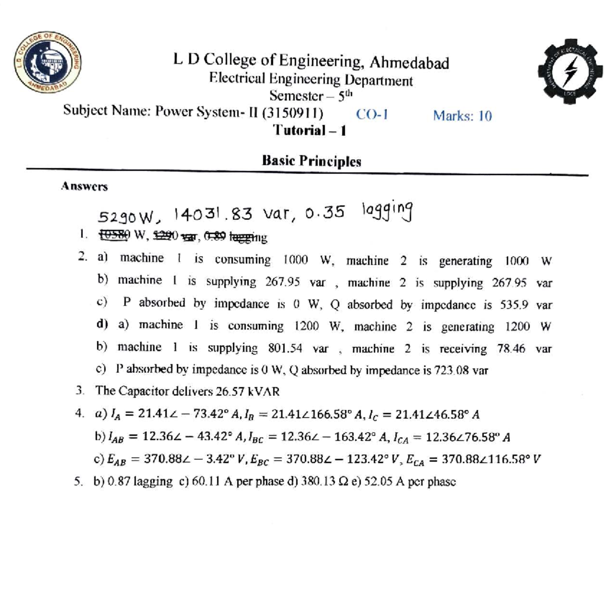 Power I1 (3150911) PS2 Assignment 1 Answer Correction - Studocu