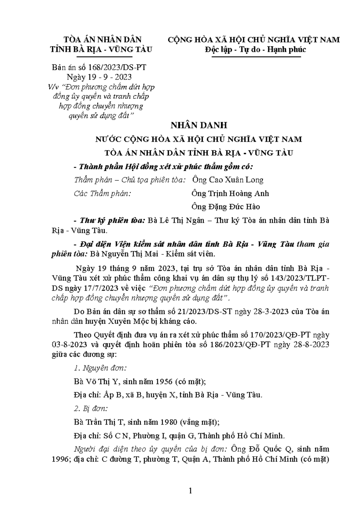 Bản án số 168-2023-DS-PT: Chấm dứt Hợp đồng Ủy quyền và Tranh chấp QSD ...