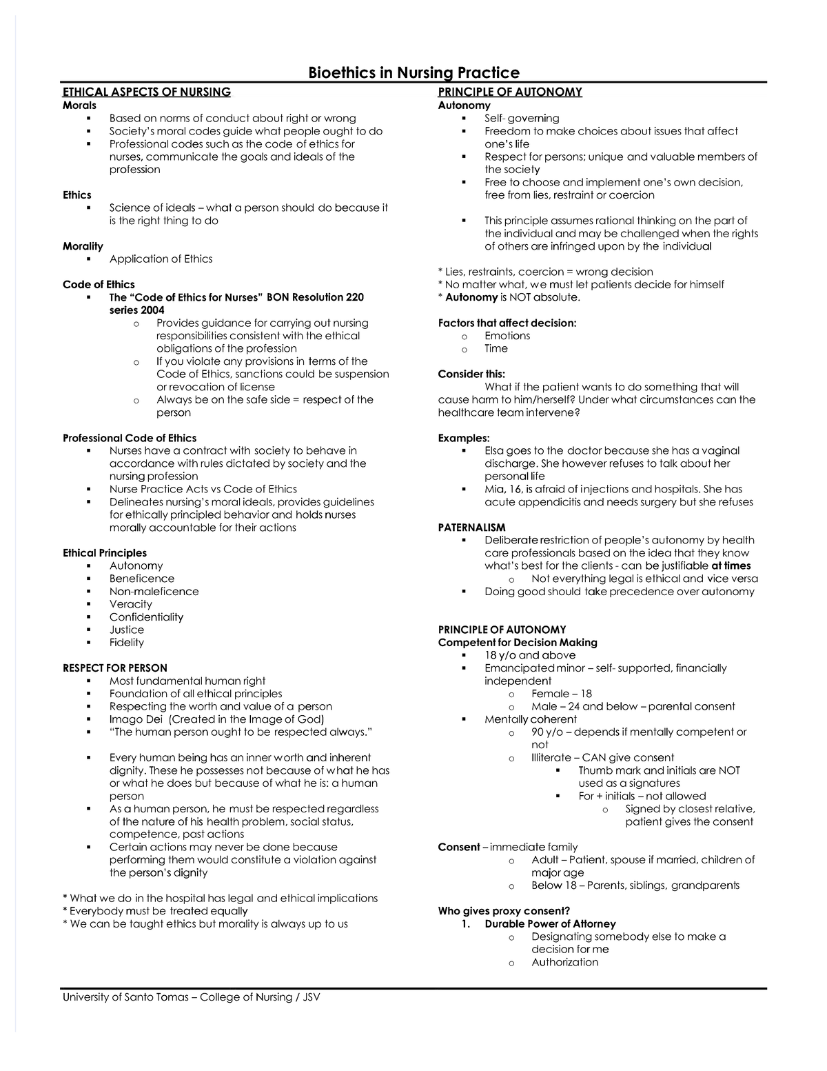 Bioethics in Nursing Practice: Principles of Autonomy and Ethics - Studocu