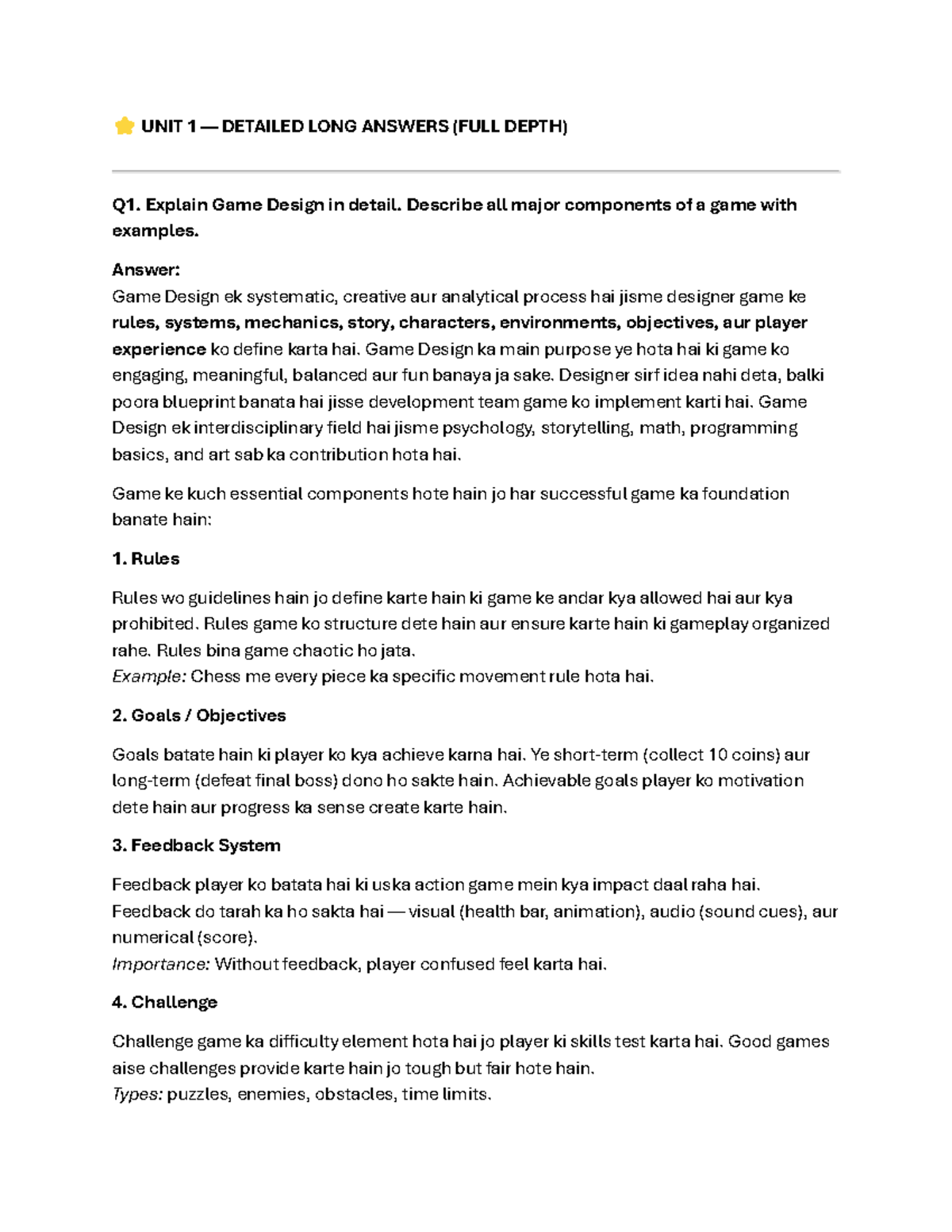 UNIT 1 - Game Design Detailed Answers and Components Analysis - Studocu
