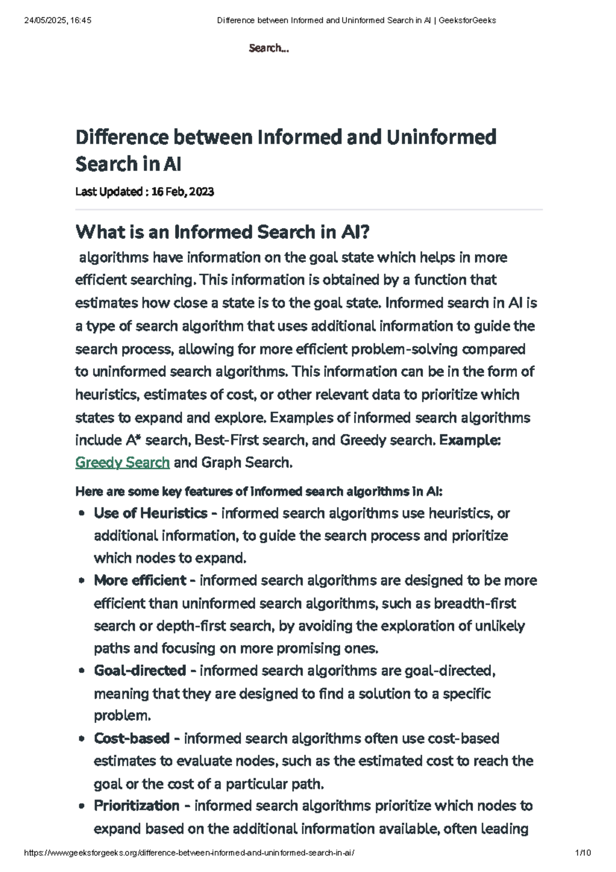 Difference between Informed and Uninformed Search in AI Geeksfor Geeks ...