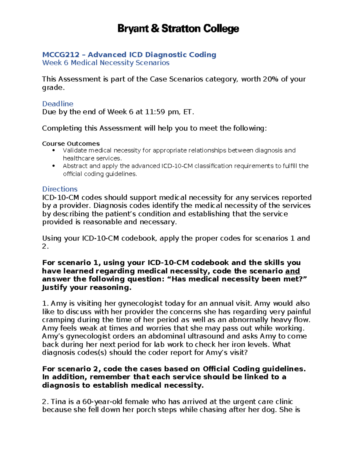 MCCG212 Week 6 Case Scenarios on Medical Necessity Coding - Studocu