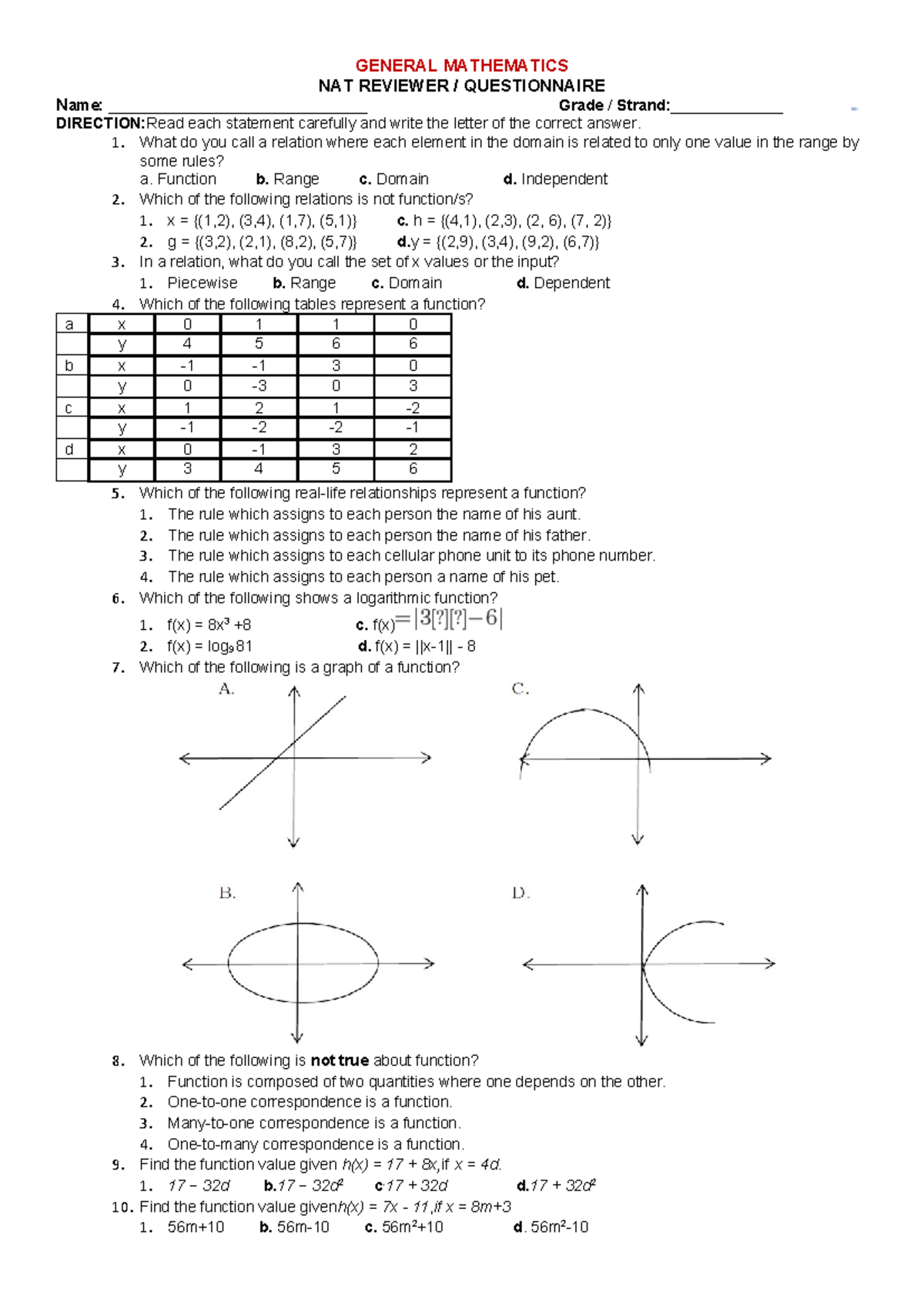 General Mathematics NAT Reviewer Questionnaire - Studocu