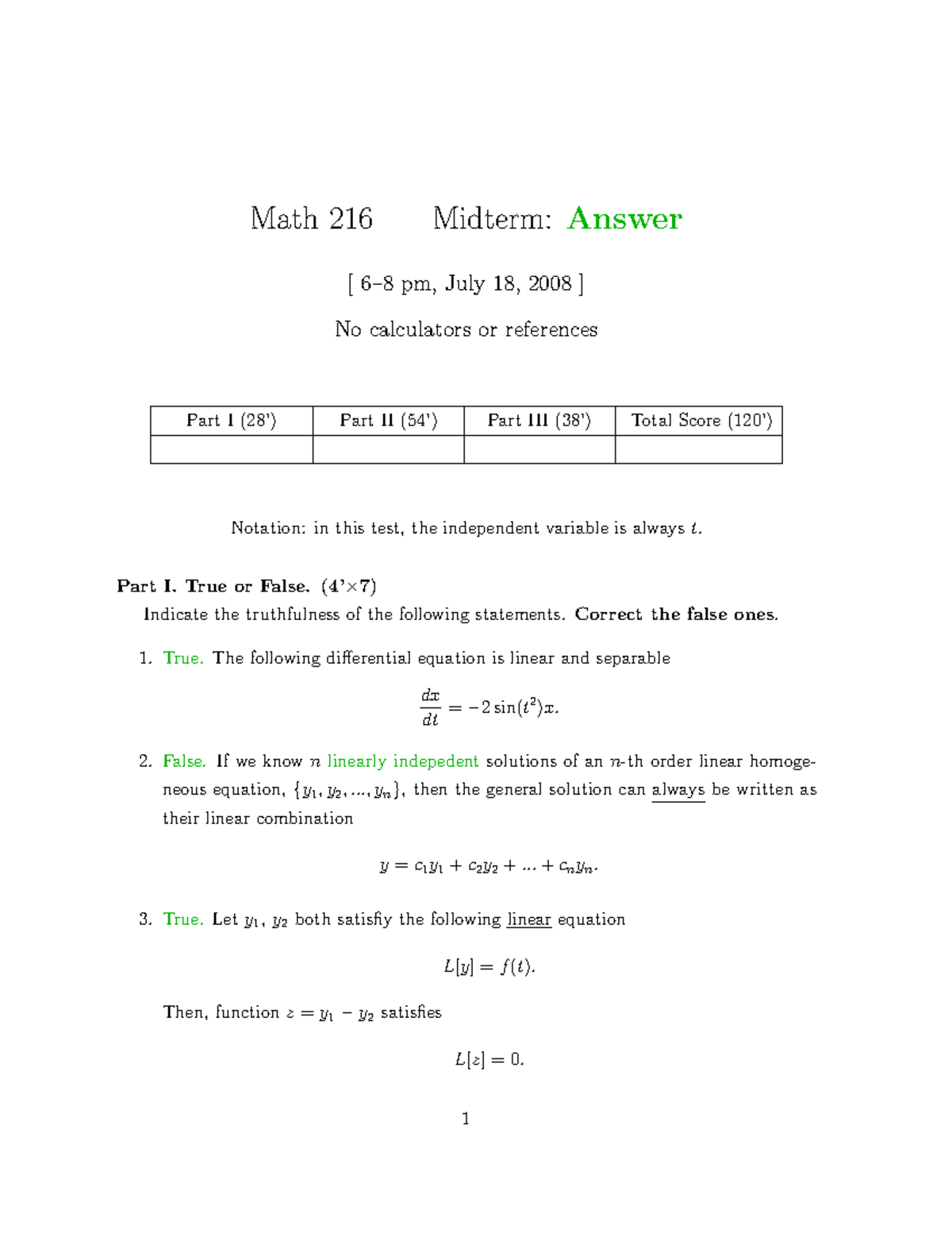 Math 216 Midterm I Sample Questions and Answers Guide - Studocu