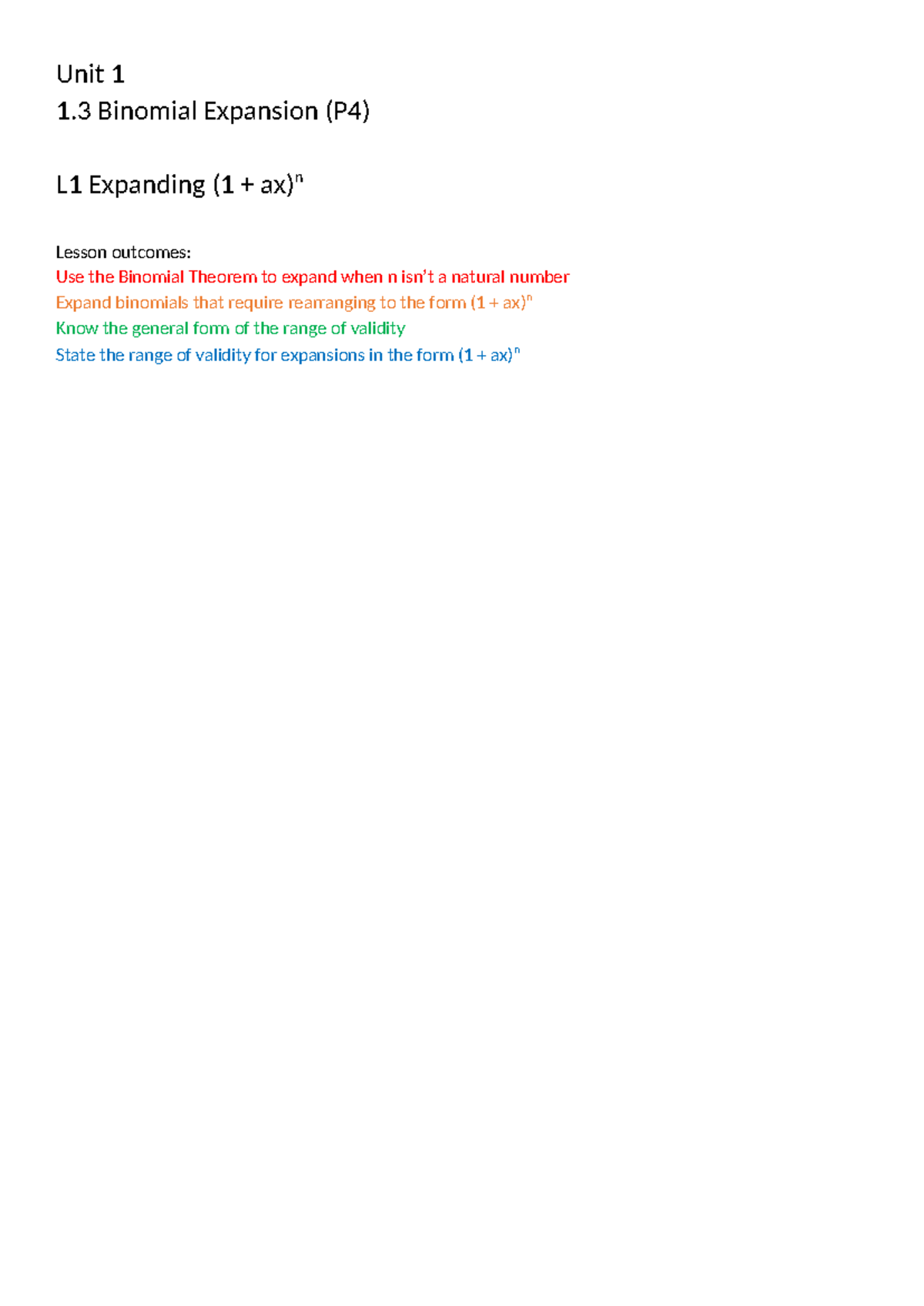 L1 Binomial Expansion (P4) - Unit 1 Lesson on (1 + ax)^n - Studocu