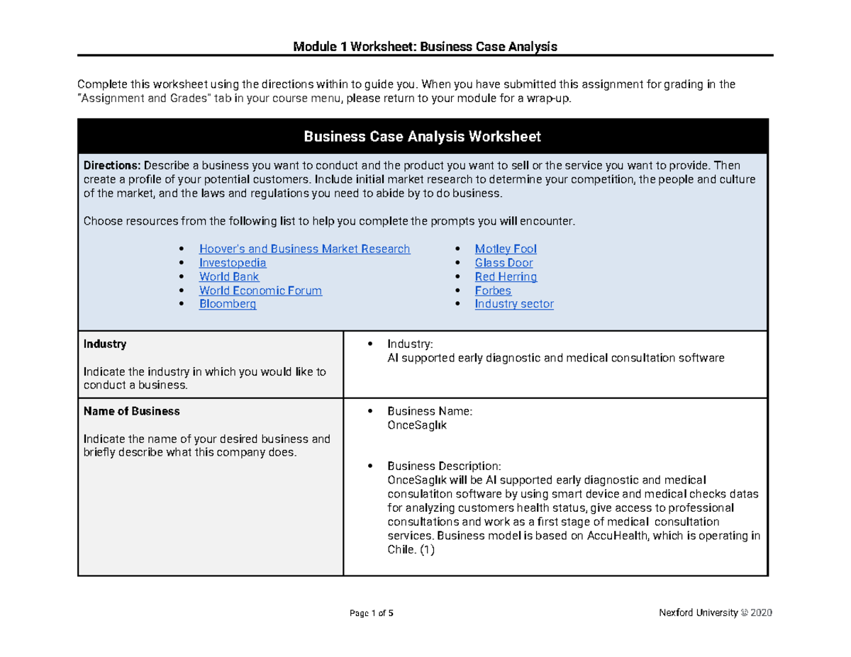 Nexford BUS 50002 - Module 1 Business Case Analysis Worksheet - Studocu
