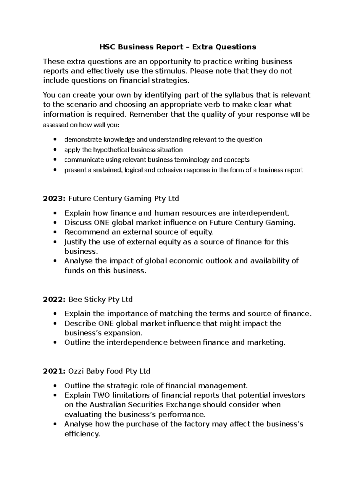 HSC Business Report - Extra Questions on Finance & Strategy - Studocu