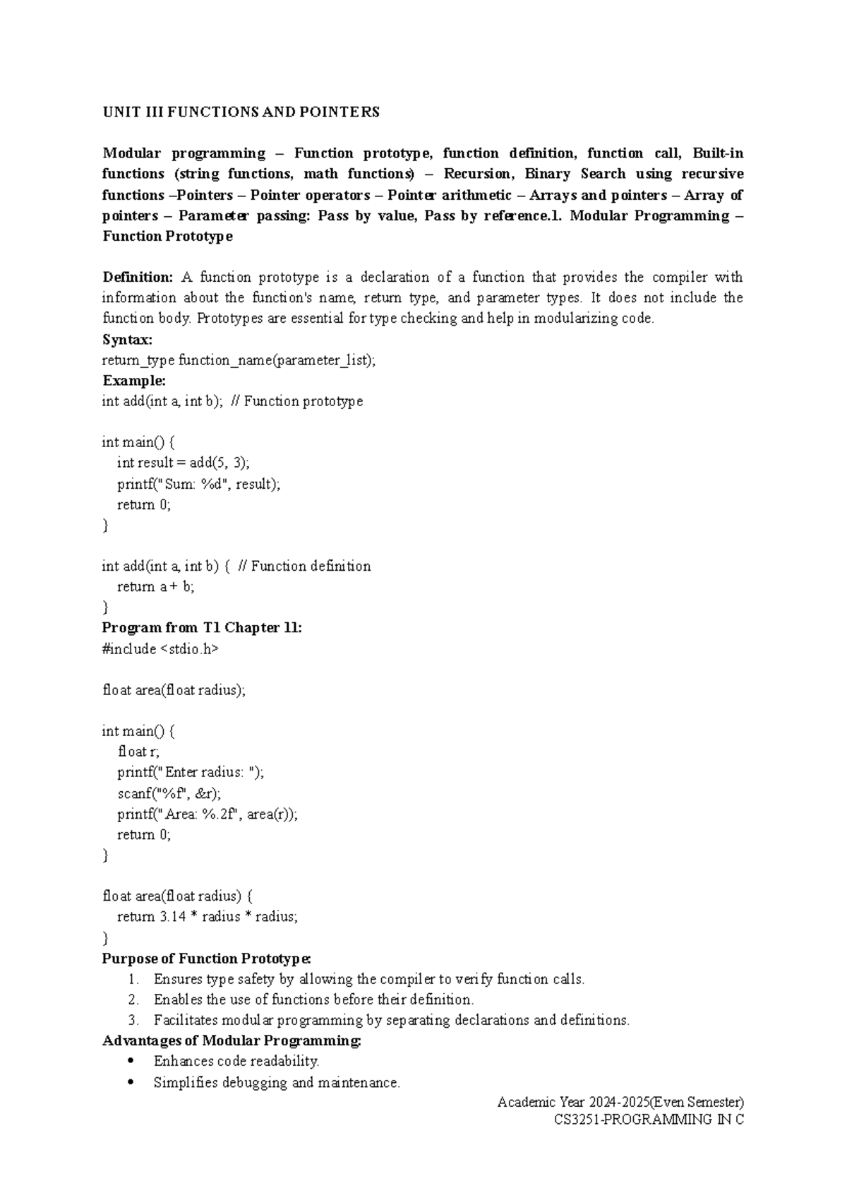 UNIT III Functions AND Pointers - UNIT III FUNCTIONS AND POINTERS ...