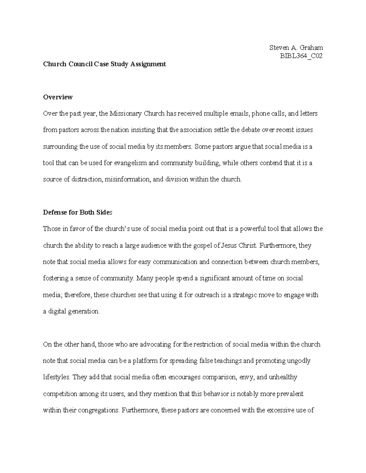 BIBL364_C Case Study: Church Council's Decision on Social Media Use ...