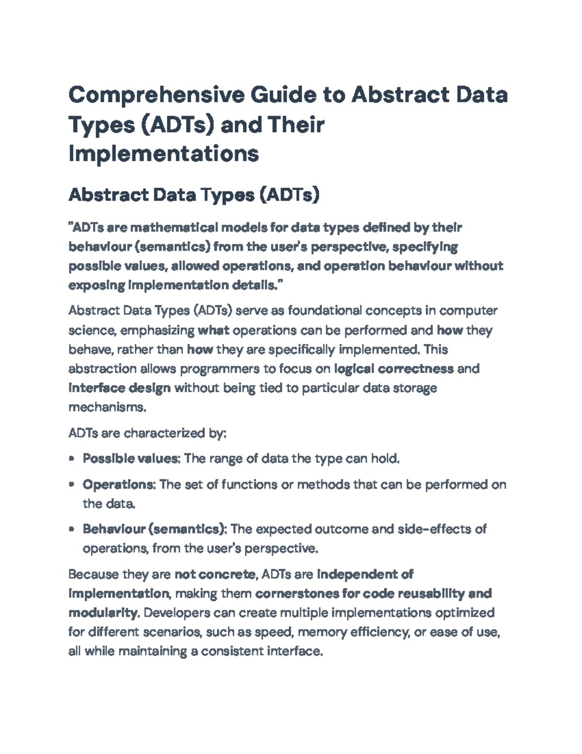 Comprehensive Study of ADTs: Concepts, Implementations, and Examples ...