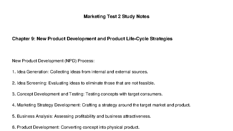 Marketing Test 2 Study Notes: NPD, Pricing & Channels Overview - Studocu