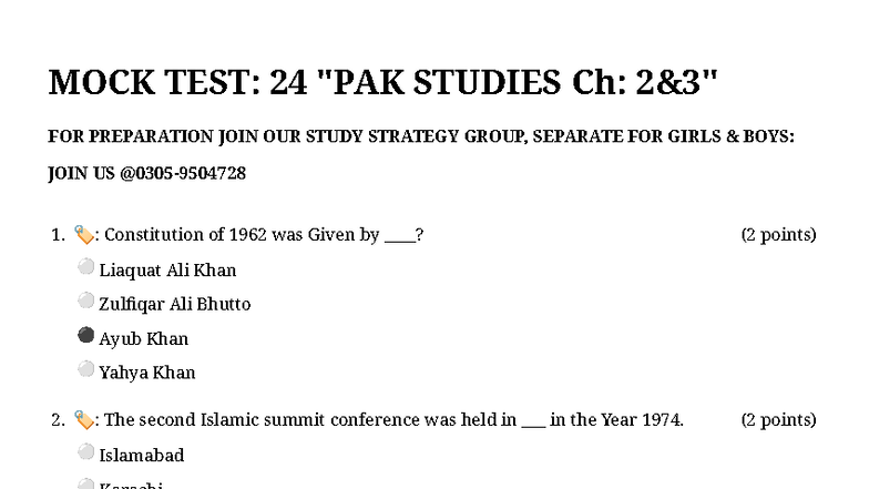 MOCK TEST: 24 PAK Studies Ch 2 & 3 Preparation Guide - Studocu