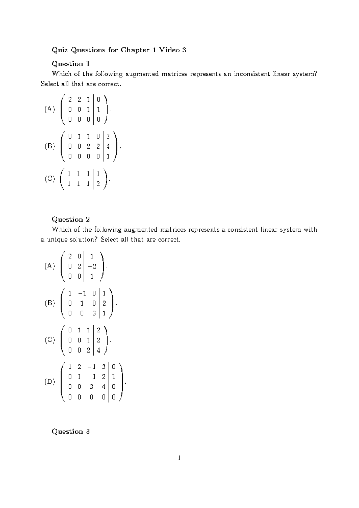 Chapter 1 Video 3 Quiz - Linear Algebra Questions - Studocu