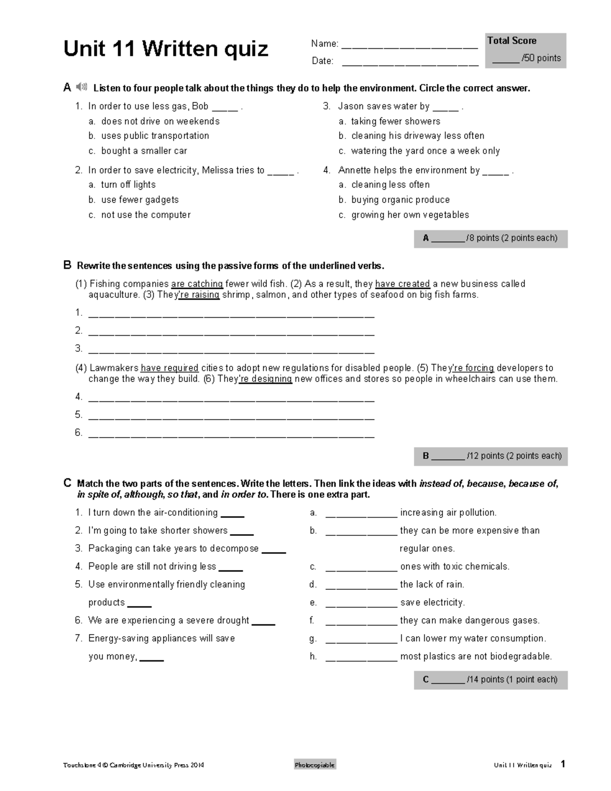 Course 16 UNIT 11 Written Quiz - Environmental Awareness and Practices ...